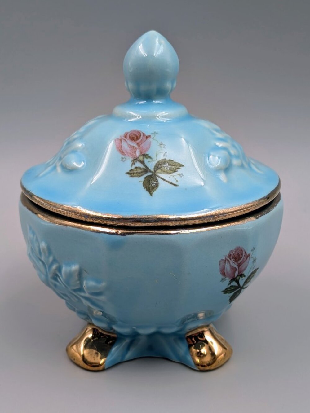 Vintage Blue Porcelain Candy Dish with Lid – Mid-Century Footed Trinket Box